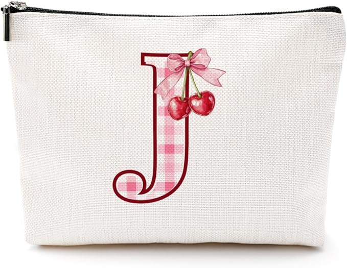 CQM Initial Makeup Bag Monogram Cosmetic Bag Monogrammed Gifts for Women Girls Friends Coworker Nurse Personalized Travel Toiletry Bag Christmas Bridal Shower Wedding Bridesmaid Gifts, Cherry J