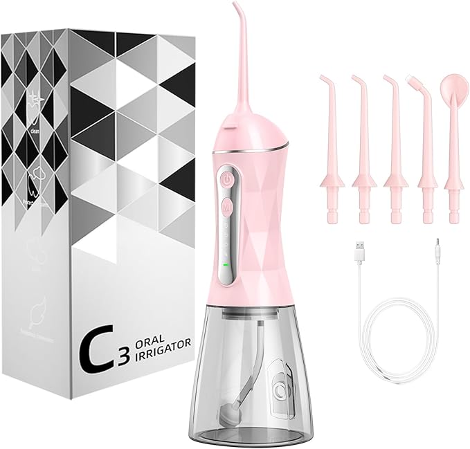Water Dental Flosser Pick for Teeth Portable Oral Irrigator Rechargeable Travel Irrigation Cleaner 320ML Electric Flossing, IPX8 Waterproof, Waterproof Flossing Cleaning Picks for Home Travel (Pink)