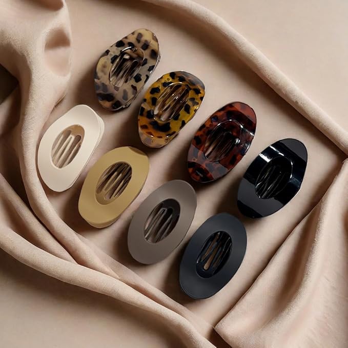 8PCS Flat Hair Clips for Women Girls,Large Strong Hold Ladies Hair Claw Clamp Barrettes for Lying Down Styling Accessories, Elegant 4.33" Big Matte Neutral Leopard Color(Oval)