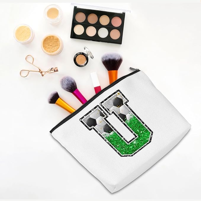 CQM Soccer Gifts Initial Makeup Bag Monogrammed Cosmetic Bag Letter U Zipper Pouch Soccer Accessories for Girls Women Player Coaches Friend Stuff Graduation Birthday Gifts
