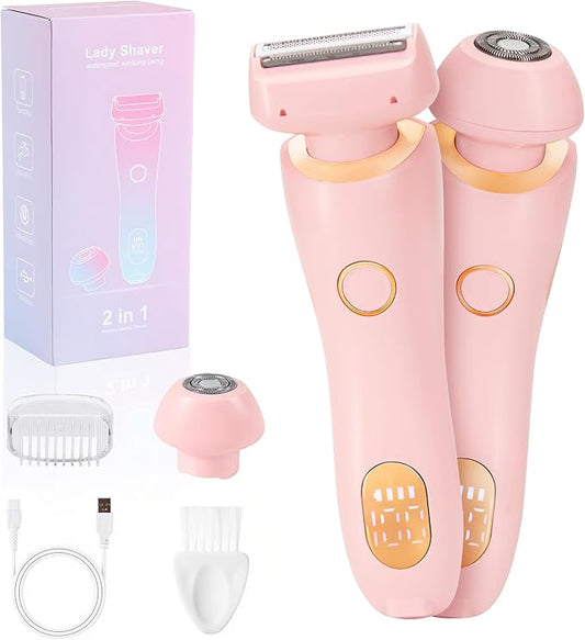 Women Intimate Shaver, Body Groomer Dual Head Bikini Trimmer 2 in 1 Electric Razors Cordless Dry/Wet Use for Pubic Hair, Armpit, Facial Hair Painless Removal Waterproof Rechargeable, for Underarm Leg