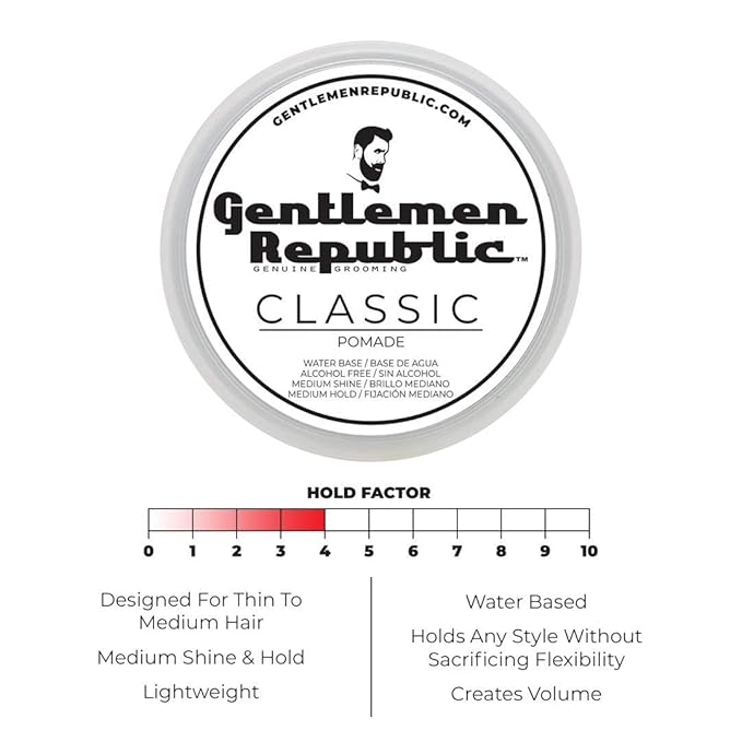 Gentlemen Republic Classic Pomade for Men - Water Based Pomade for Medium Hold & Shine, Premium Mens Hair Styling Products with No Beeswax - Ideal for Classic Styles, 8oz