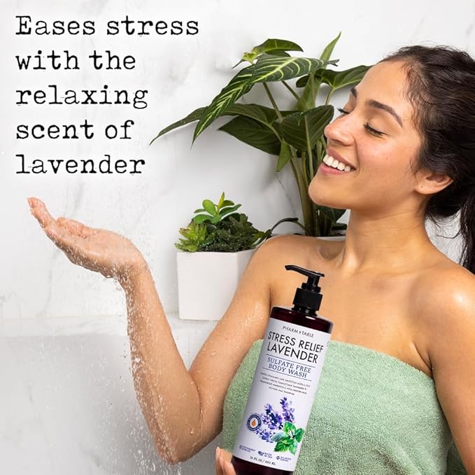 PHARM TO TABLE Stress Relief Lavender Body Wash for Women and Men Softens and Soothes the Skin, Sulfate Free, 100% Cruelty Free, 480ml