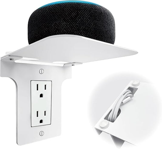 Metal Outlet Shelf with Built-in Cable Management, No-Drill Wall Organizer for Bathroom Outlets, Secure Holder for Echo Dot & Electric Toothbrush, Fits Vertical Decora, 1-Pack