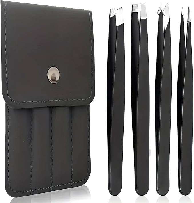 UM Supplies Tweezers Set 4 in 1 Pack l Professional Stainless Steel Tweezers for Eyebrows l Great Precision for Facial Hair, Splinter and Ingrown Hair Removal (Black)
