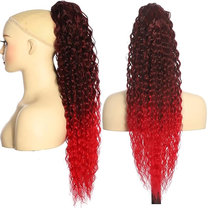 Deep Wave Ponytail Extension for Women 24 Inch Curly Wavy Ponytail Hair Extensions Drawstring Ponytail with Clips Long Synthetic Hairpiece for Daily and Party (1B/Dark Blue&1B/Red)