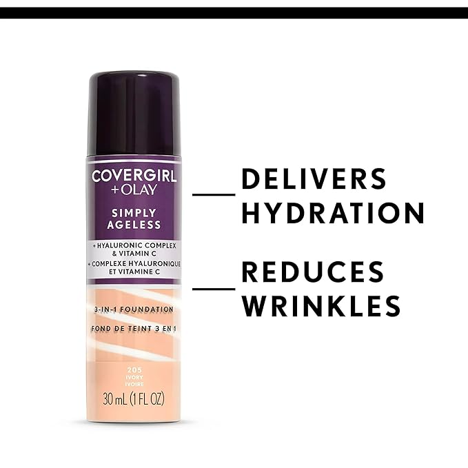 COVERGIRL & Olay Simply Ageless 3-in-1 Liquid Foundation, Matte Finish, Hyaluronic & Vitamin C Formula, 275 Soft Sable, 1 Count