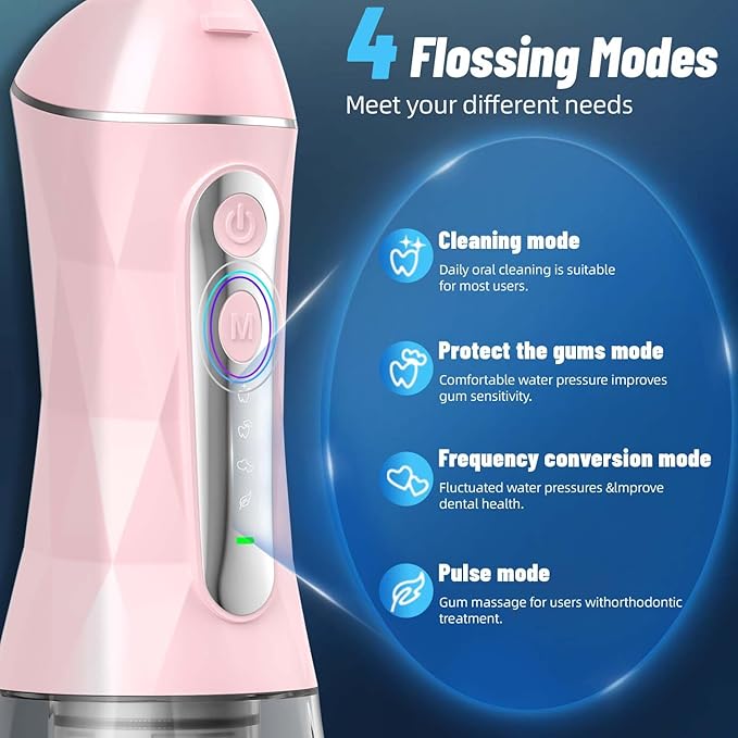 Water Dental Flosser Pick for Teeth Portable Oral Irrigator Rechargeable Travel Irrigation Cleaner 320ML Electric Flossing, IPX8 Waterproof, Waterproof Flossing Cleaning Picks for Home Travel (Pink)