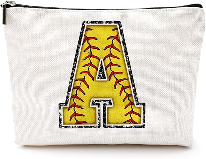 CQM Softball Gifts Initial Makeup Bag Monogrammed Cosmetic Bag Letter A Zipper Pouch Softball Accessories for Girls Women Player Coaches Friend Graduation Birthday Gifts
