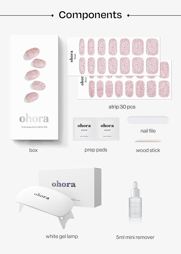 ohora Semi-Cured Gel Nail Strips Value Set (N Pixie Dust Starter Kit) Includes Full Size Lamp and Mini Remover, Salon-Quality, Long Lasting, Easy to Apply & Remove