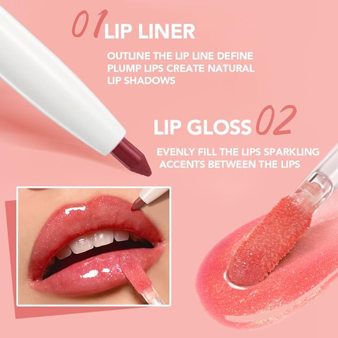 BINGBRUSH 2PCS Lip Gloss Set, Glitter 2-in-1 Lip Liner & Gloss Combo, Hydrating Lip Plumper Lifter, Easy-to-Apply Lip Tint for Daily, Work & Party, Women's Makeup