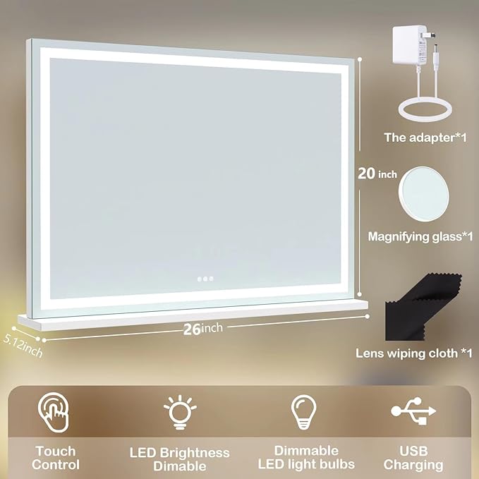 Makeup Vanity Mirror with Lights 20" L x 26" W Large LED Makeup Mirror, Light up Mirror with 10X Magnification and USB Charging Port, Dimmable 3 Modes, Touch Screen Control White