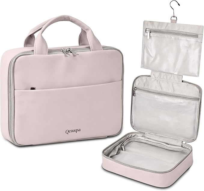 Qeauqsa Makeup Bag Organizer, Large Hanging Toiletry Bag for Women with Leakproof Compartments, Travel Cosmetic Case for Full Sized Toiletries & Brushes Travel Cosmetic Bag Cruise Essentials - Pink