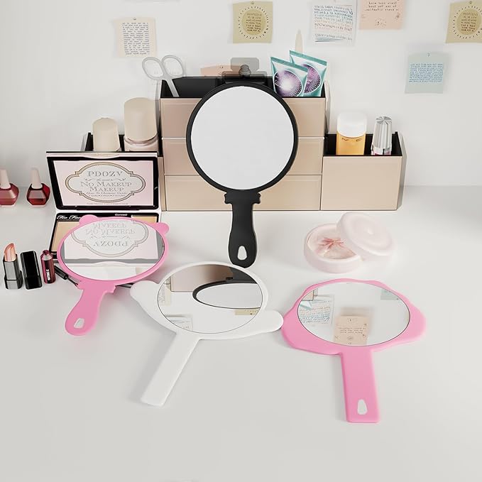 Hand Mirror 2 Pcs, Portable Hand Mirrors with Handle, See Back of Head Haircut Personal Handheld Mirror, Travel Small Makeup Lash Mirror, Mirrors for Women (Pink, 5.91" L x 9.84" W (Round))