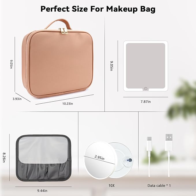 SLUMAZI Travel Makeup Bag with LED Mirror and 10x magnifying glass with 3 Lighted Settings, Adjustable Dividers and Makeup Brush Storage Bag Khaki