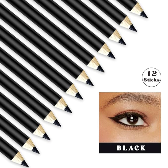 Multipack Bulk Black Eyeliner Penicls for Women, 12 Pcs Highly Pigmented Creamy Eye Liner Pencils Set, Easy to Color, Waterproof & Long-Lasting, Professional Eye Make Up, Soft & Smooth, Fine Tip