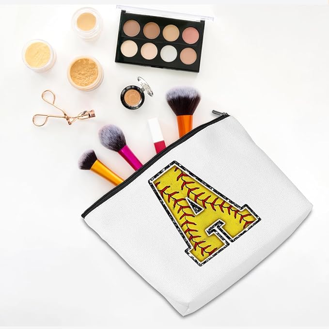 CQM Softball Gifts Initial Makeup Bag Monogrammed Cosmetic Bag Letter A Zipper Pouch Softball Accessories for Girls Women Player Coaches Friend Graduation Birthday Gifts