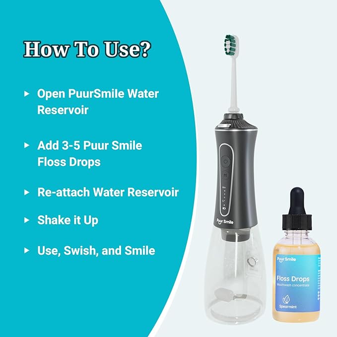 Puur Smile Complete Oral Kit - Dental Care Treatment | Water Flosser + Floss Drop Serum + Replacement Tips