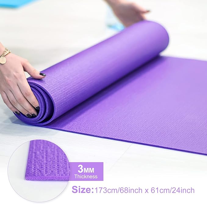 Funtery 3 mm Thick Yoga Mat Exercise Workout Mat Non Slip Fitness Pad for Women Gym Home Yoga Pilates