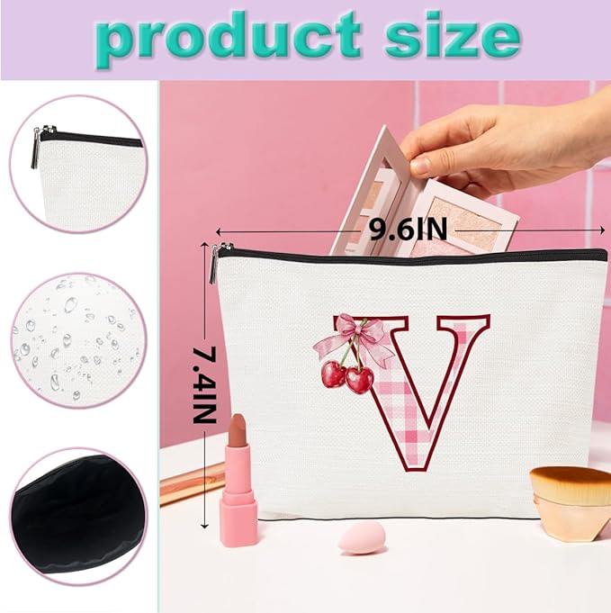CQM Initial Makeup Bag Monogram Cosmetic Bag Monogrammed Gifts for Women Girls Friends Coworker Teacher Personalized Travel Toiletry Bag Christmas Bridal Shower Wedding Bridesmaid Gifts, Cherry V