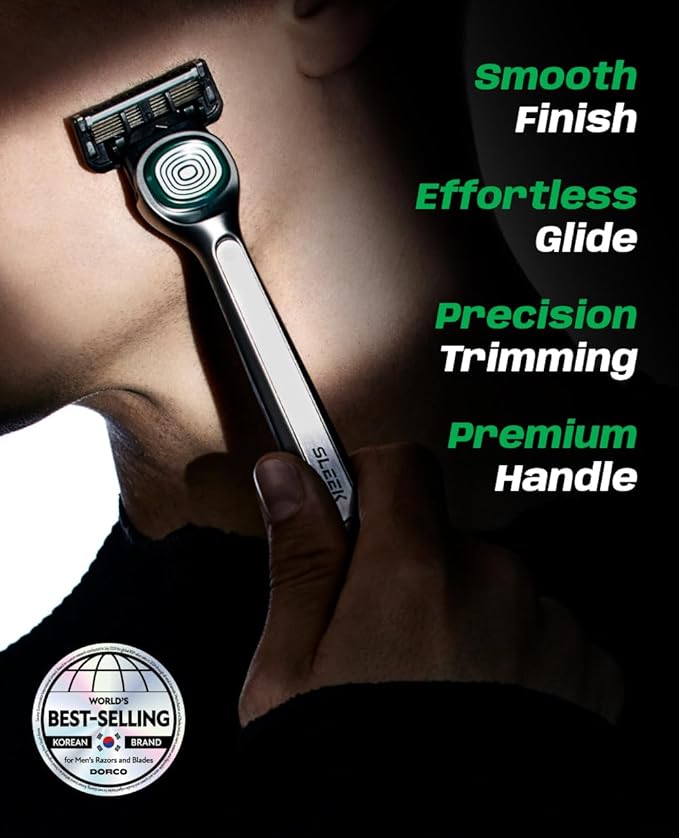 DORCO SLEEK 6 Blade Razor for Men with 7 Cartridges | Men's Cartridge Razors with Razor Handle and Smooth Shaving Blades | Men’s Razors with Multi-Flex Technology