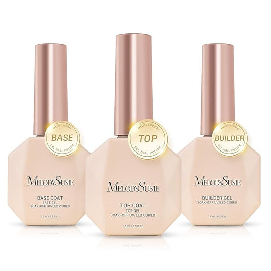 MelodySusie No Wipe Glossy Top Coat Base Coat Builder Gel 027 Set Long Lasting Shine Finish Soak Off UV LED Nail Lamp Nail Art Design Manicure Kit Perfect Gifts for Women Girls 3 Pcs 15ml
