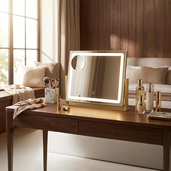 Vanity Mirror with Lights, 16" x 12" Lighted Makeup Mirror with Smart Touch Control, LED Makeup Mirror with 3 Color Lighting Modes, 360° Rotation, 10X Magnification for Tabletop - Gold