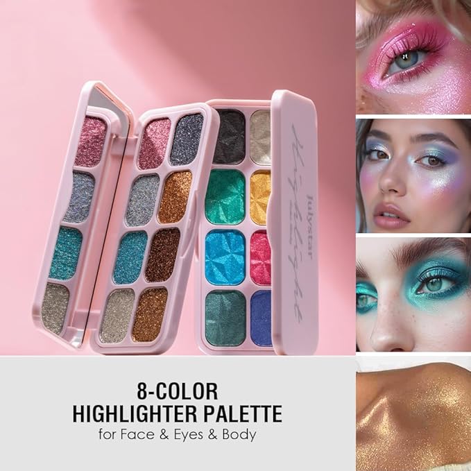 8-Color Glitter Eyeshadow Palette, Rainbow Gem Sparkle, Vibrant Multicolor Shimmer Shades, Waterproof Long-Lasting Formula, Smooth Pigmented Eye Makeup for Creative Looks