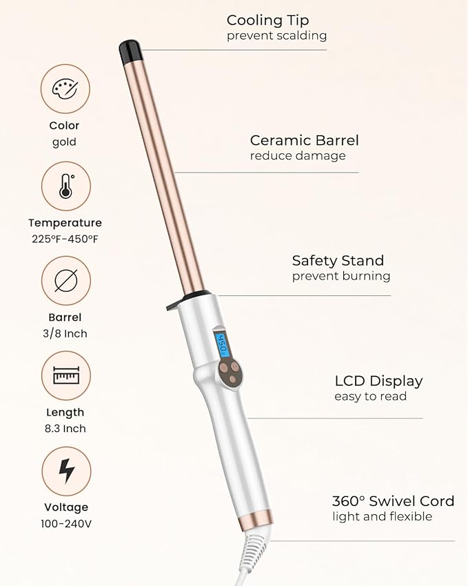 HOSON 3/4 Inch Curling Wand for Long Hair,19mm Ceramic Wand Curling Iron Extra Long Barrel, Dual Voltage, 10 Temps
