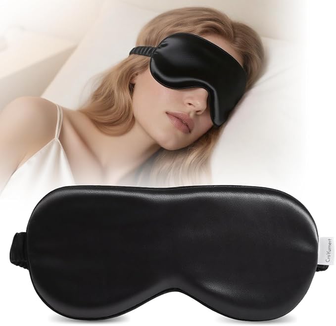 CroYumert 100% Pure Mulberry Silk Eye Mask - 22 Momme Adjustable Strap, Light Blocking, Silk Storage Bag & Gift Box - for Sleep/Travel/Gift, Sensitive Skin Friendly (Black)
