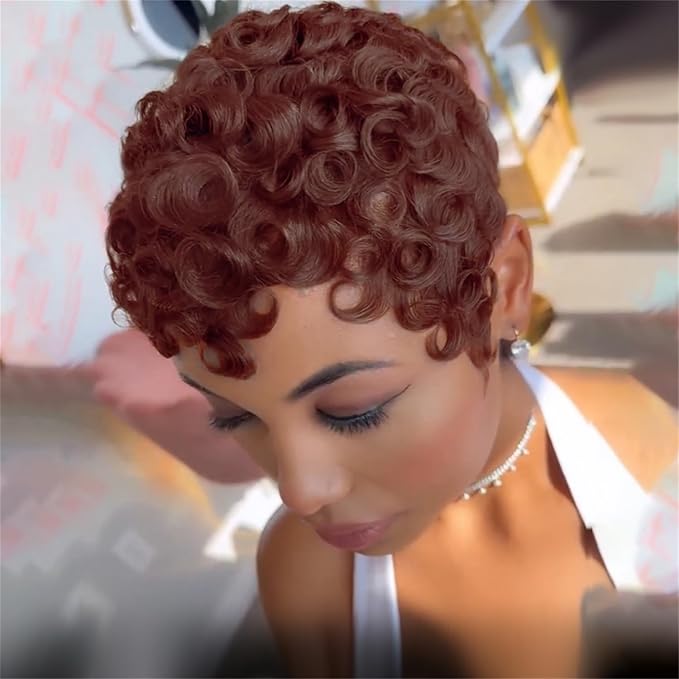 Short Curly Wig Pixie Cut Human Hair for Black Women 4# Chocolate Color Short Wig for Women Human Hair Layered Haircut Summer Glueless Wigs with Bangs Wear and Go Wigs