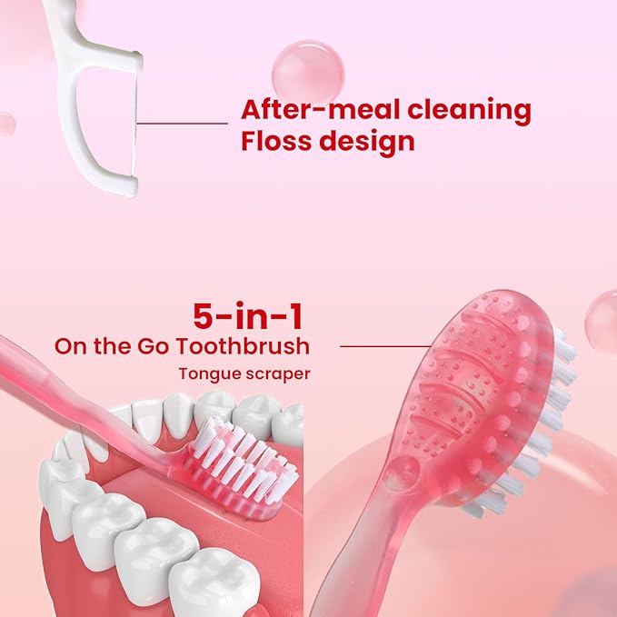 40Pack Mini Disposable Toothbrushes 5-in-1 Portable Pre-Pasted Travel Toothbrush with Toothpaste Tongue Scraper Floss Pick Individually Wrapped Box Small Prepasted Travel Toothbrush for Kids Adults