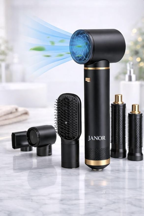 Janor 5-in-1 Hot Air Hair Styler with Multiple Attachments, Ceramic Coated, Ionic Technology, Volumizing and Styling Tool