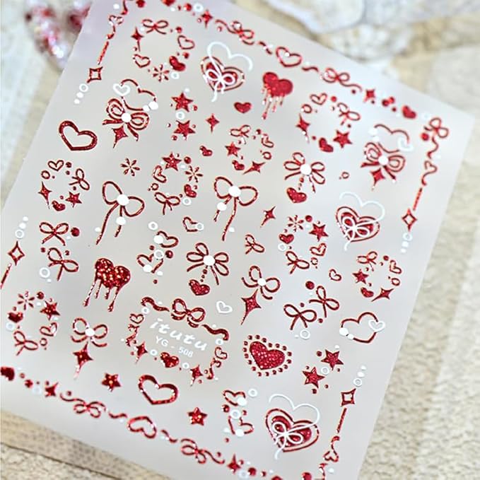 Red Heart Nail Stickers for Nail Art 5D Embossed Valentines Nail Art Stickers with Star Bow Design Glitter Heart Nail Decals Romantic Valentines Nail Supplies for Women Girls Holiday DIY Manicure