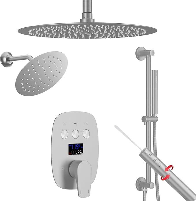 HONGTONGSOWER Brushed Nickel Shower System 3-Function Ceiling Shower Faucet Set with 12" and 8" Rainfall Dual Shower Head and Handheld Shower with Adjustable Slide Bar, Full Body Shower System Fixture