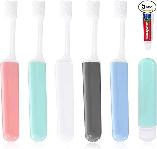 Travel Toothbrush and Toothpaste, Foldable Toothbrush and Toothpaste, Individually Packaged, Foldable for Storage, 5 Colors Available, Ideal for Travel, Business Trips, and Hotels (5-Pack)