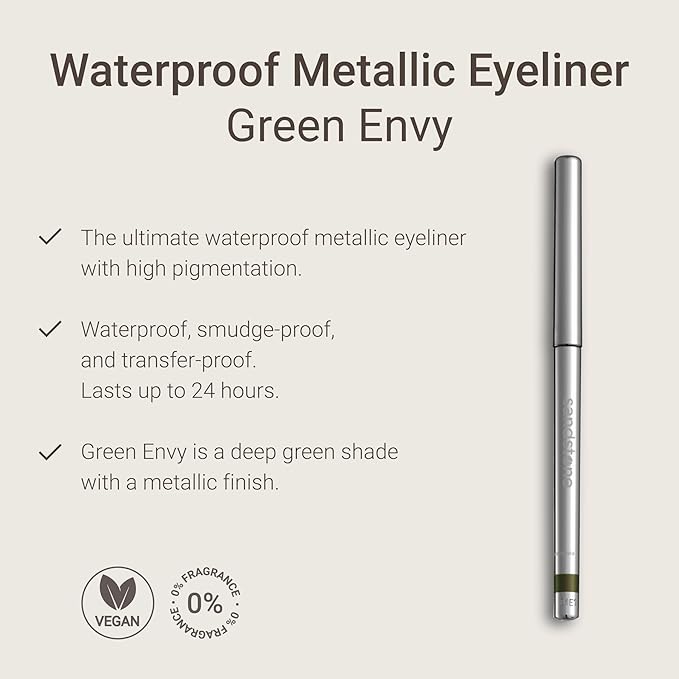 Sandstone Scandinavia Hypoallergenic Waterproof Eyeliner - Fragrance Free Metallic Green Eye liner - Vegan and Cruelty Free Eye Pencil - Eyeliner Pencil for Sensitive Eyes (Green Envy)