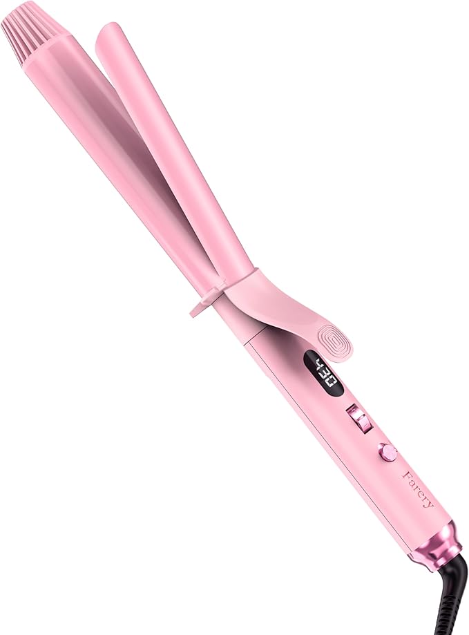 FARERY Long Barrel Curling Iron 1 1/4 inch, 1.25 Inch Curling Iron for Thin Hair, Infused Argan Oil & Keratin, 11 Adjustable Temp, Include Clips & Silicone Pad, Pink