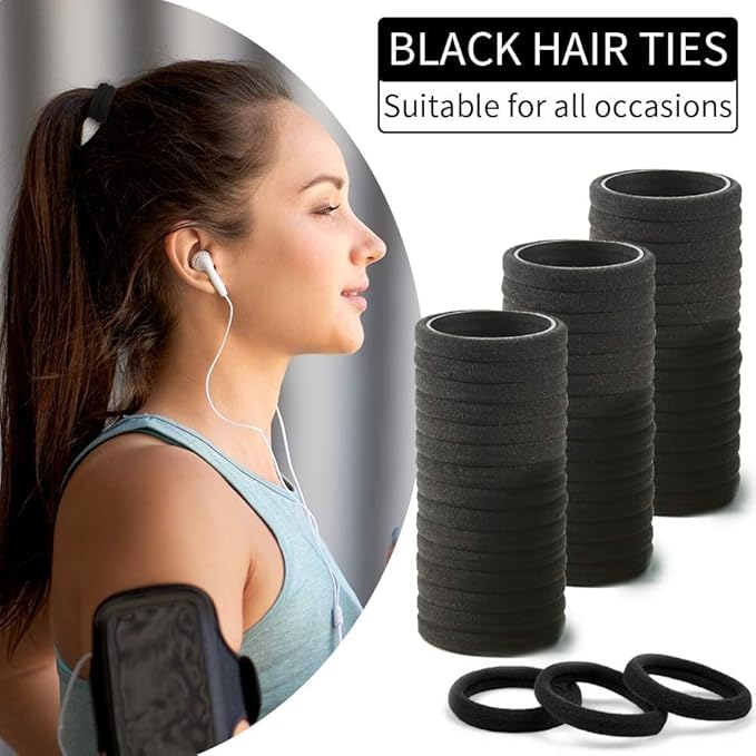 100PCS Black Hair Ties for Women Girls, Seamless Thick Black Hair Band, Elastic Hair Ties No Damage Ponytail Holder Valentine's Day Gift