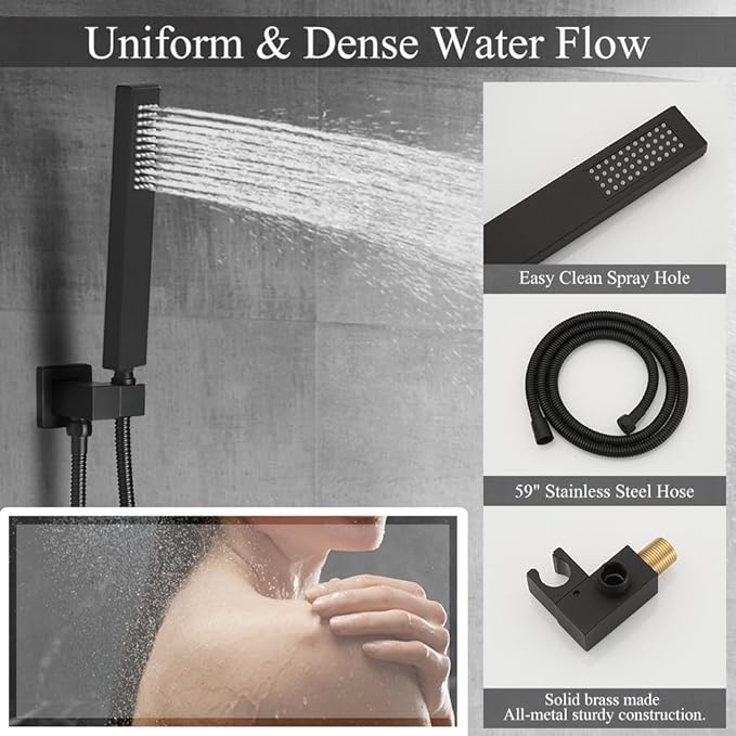 YCAIKOI Shower Faucet Set 16 Inch Wall Mount Rain Shower System, All Metal Shower Fixtures - Matte Black