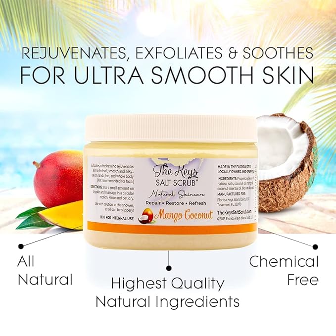 The Keys Salt Scrub -Sea Salt Scrub - Exfoliating Body Scrub with Wooden Spoon - Moisturizing Exfoliator for Hands, Foot, Bath, (12 Ounce (Pack of 3), Mango Coconut)