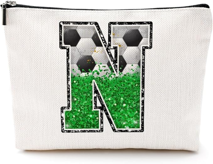 CQM Soccer Gifts Initial Makeup Bag Monogrammed Cosmetic Bag Letter N Zipper Pouch Soccer Accessories for Girls Women Player Coaches Friend Stuff Graduation Birthday Gifts