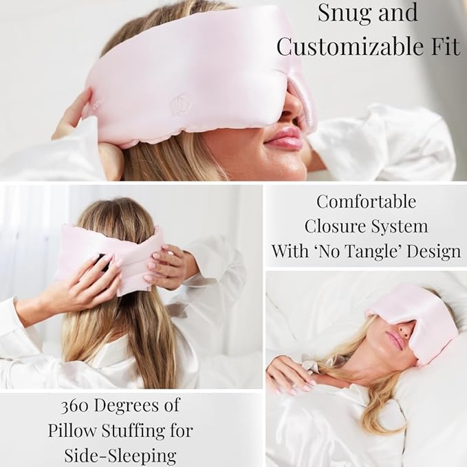 3D Silk Sleep Mask, Sleep Longer in Total Darkness and Comfort. Total Blackout Liner Blocks Light, Lightweight, 100% Natural Silk Eye Mask, Foam Countour, Eyelash Sleep Mask (Prosecco Pink)