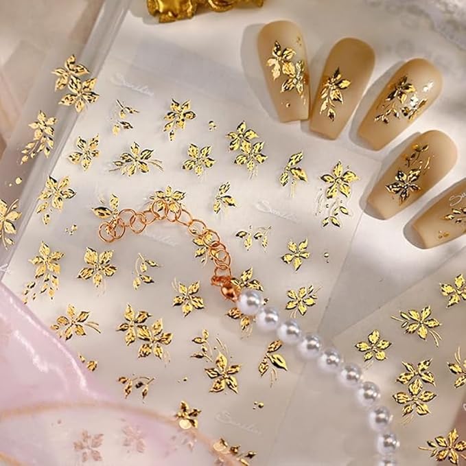 Gold Flower Nail Art Stickers 5D Embossed Spring Nail Stickers for Nail Art Summer Gold Nail Decals Flower Nail Art Design Supplies for Women Girl Spring DIY Manicure Decoration Accessories
