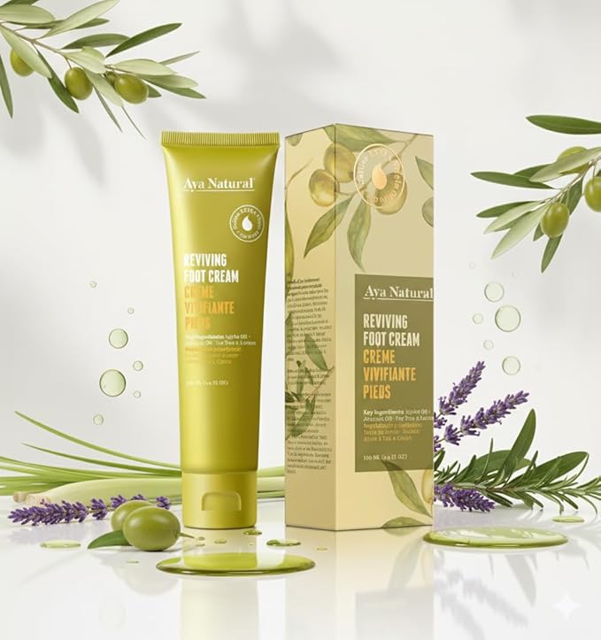 Natural Foot Cream with Olive, Jojoba & Avocado Oils - Moisturizes and Refreshes Dry Feet - Fast-Absorbing, Non-Greasy Formula with Tea Tree & Lemon - 100ml / 3.4 fl oz