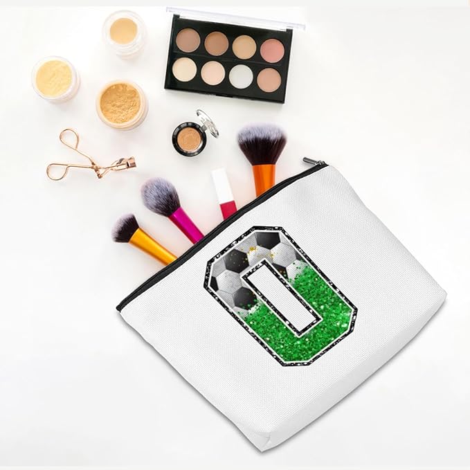 CQM Soccer Gifts Initial Makeup Bag Monogrammed Cosmetic Bag Letter O Zipper Pouch Soccer Accessories for Girls Women Soccers Player Coaches Friend Soccers Stuff Graduation Birthday Gifts