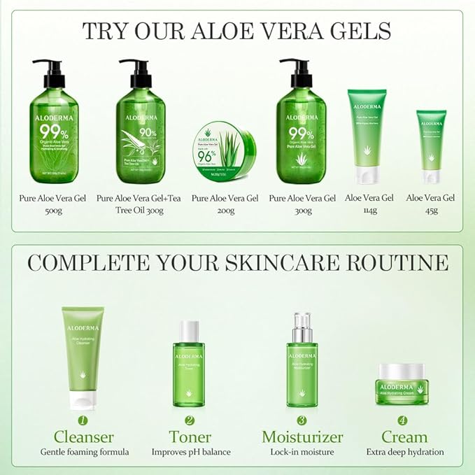 Aloderma 99% Organic Aloe Vera Gel Made within 12 Hours of Harvest, Easy Travel Size Tube for Body, Face, & Scalp, Cooling & Soothing Support for Skin & Sunburn, Hydrating Aloe Gel, 1.5oz - 6ct