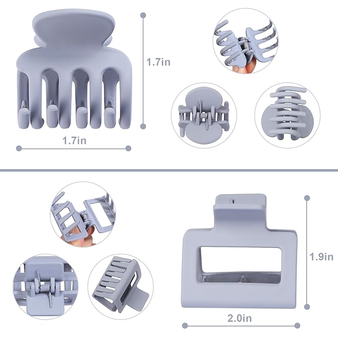 Medium Hair Clips Combination 2 Styles Small Claw Clips for Thin Hair 8 Pcs Matte Non-slip Rectangle Jaw Clips Square Hair Accessories for Women and Girls (Grey)