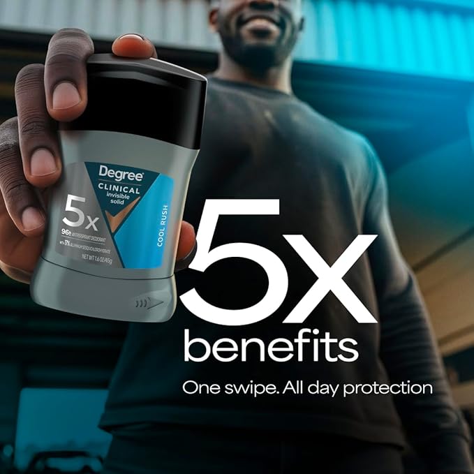 Degree Clinical Strength Antiperspirant Deodorant 96-Hour Sweat and Odor Protection Cool Rush Invisible Solid 5x Types of Sweat 1.6 OZ
