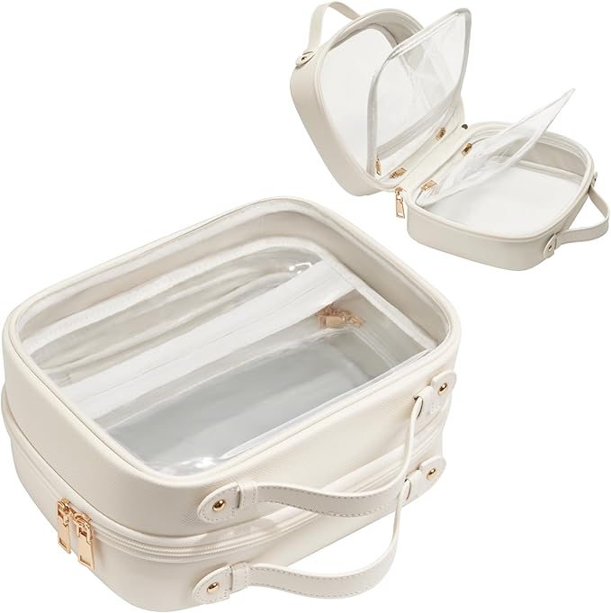 Oaque Clear Cosmetic Bag Double Layer Travel Toiletry Bag Clear Makeup Bag Case with 4 Compartments, Transparent Travel Bag for Toiletries, Large Toiletry Bag for Women Cosmetic Case (White, Large)
